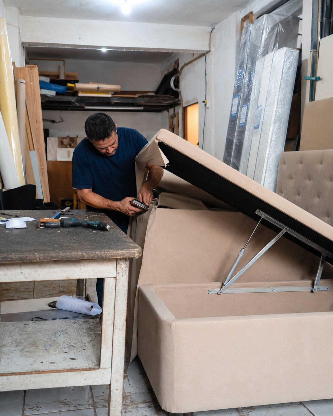 Alexandro grampeando o tecido na estrutura de um box baú bege, com a tampa levantada e os pistões já instalados, na bancada de trabalho.
